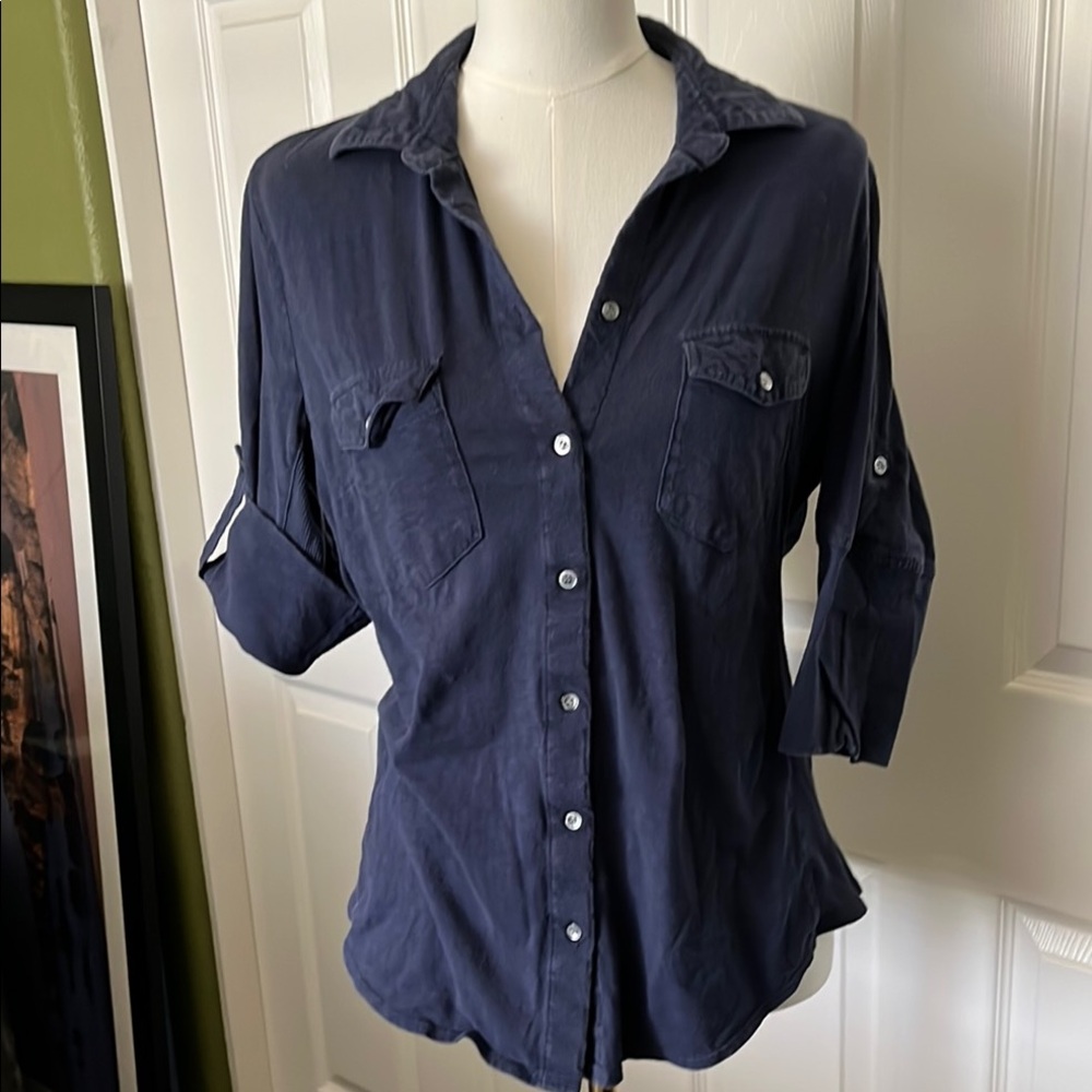 Sandra Ingrish Dark Blue Button-Down Blouse